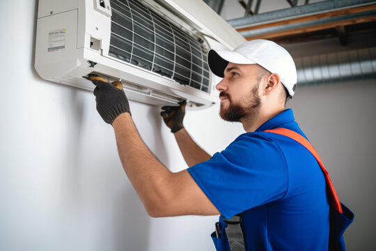 HVAC technician installing a mini split air conditioner in Fountain Valley