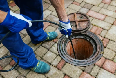Plumber cleaning an outdoor sewer drain in Fountain Valley
