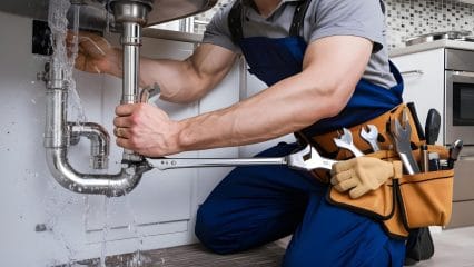 Plumber repairing pipes beneath a sink in Fountain Valley
