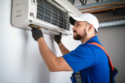 HVAC technician installing a mini split air conditioner in Fountain Valley
