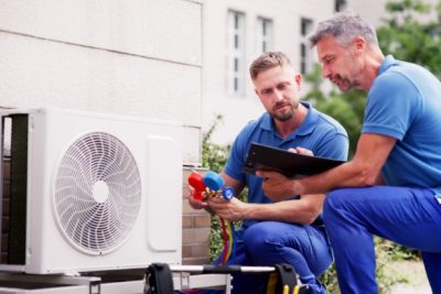 HVAC technicians installing an outdoor air conditioning unit in Fountain Valley